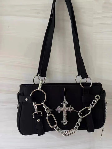 Qfdian Japanese Vintage Streetwear Punk Women Handbags Y2k Aesthetic Trendy Cross Chain Shoulder Bags Casual Fashion Chic Underarm Bag